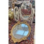 OVAL GILT WALL MIRROR WITH CHERUBS & A WHITE FOLDING DRESSING TABLE MIRROR -2-