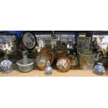 VARIOUS ORIENTAL WARE ON ONE SHELF WITH BRASS BHUDDA ON STAND,