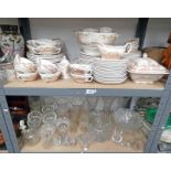 FURNIVALS QUAIL PORCELAIN DINNER SET AND SELECTION CRYSTAL AND GLASS OVER 2 SHELVES