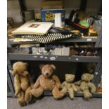 VARIOUS TEDDY BEARS, ETC ON 1 SHELF & 1 OTHER SHELF WITH 2 BROLLIES, ORIENTAL STICK, MUSIC,