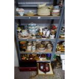 GOOD SELECTION OF PORCELAIN ETC TO INCLUDE ; WEDGWOOD DINNERWARE, BRASS SCALES,