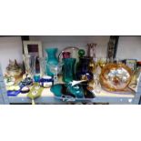 SELECTION OF CRYSTAL AND COLOURED GLASS VASES,