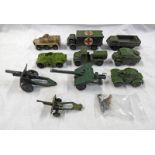 SELECTION OF PLAYWORN MILITARY RELATED MODEL VEHICLES INCLUDING MILITARY AMBULANCE,