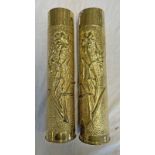 TRENCH ART / SHELL CRAFT PAIR OF US 75MM VASES EMBOSSED WITH FLOWERS 35 CM TALL
