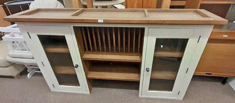 MODERN PAINTED OAK DRESSER TOP WITH CENTRAL PLATE RACK FLANKED BY 2 GLAZED PANEL DOORS 100CM TALL