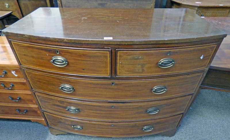 19TH CENTURY INLAID MAHOGANY BOW FRONT CHEST OF 2 SHORT OVER 3 LONG DRAWERS ON BRACKET SUPPORTS