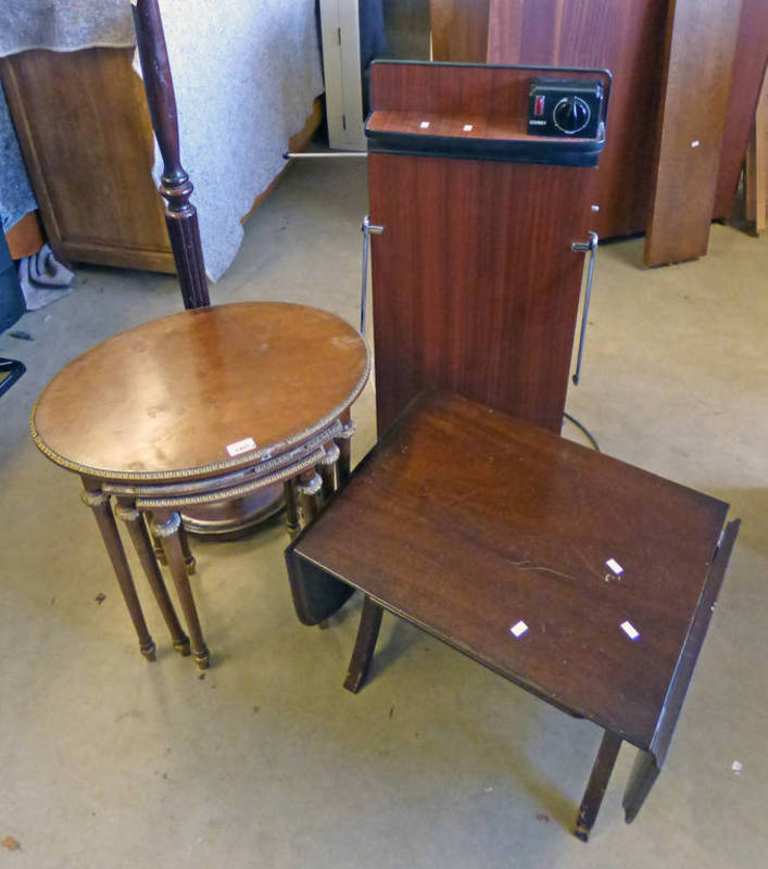 NEST OF 3 OVAL TOPPED MAHOGANY TABLES WITH GILT TRIM, MAHOGANY STANDARD LAMP,