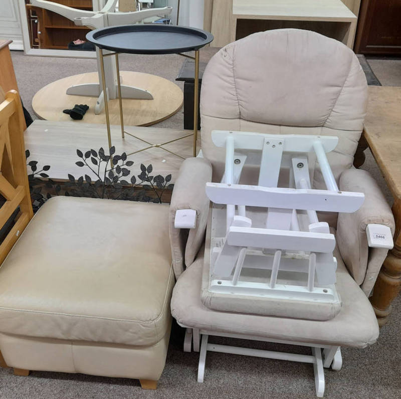 WHITE ROCKING CHAIR WITH MATCHING STOOL, COFFEE TABLE, BOOKCASE,