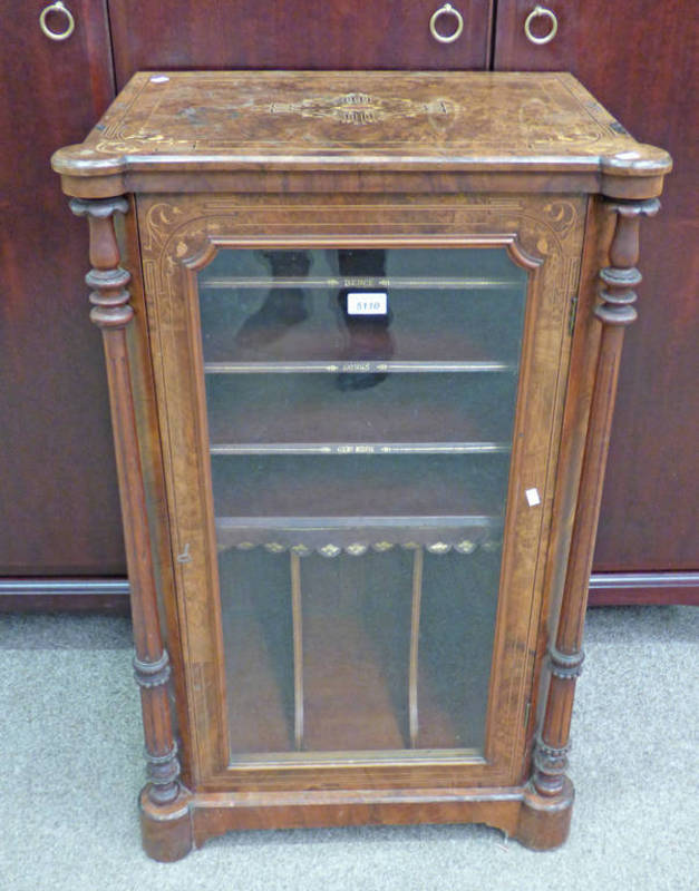 LATE 19TH CENTURY INLAID BURR WALNUT MUSIC CABINET WITH REEDED COLUMN DECORATION AND FITTED