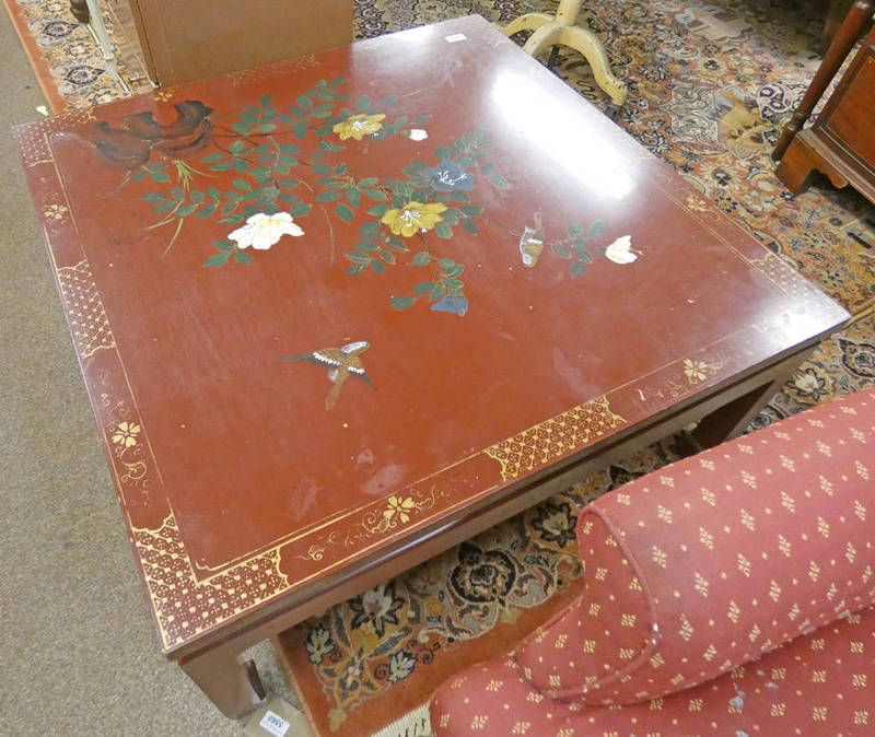 EASTERN RED LACQUER & GILT LOW SQUARE COFFEE TABLE WITH PAINTED FLORAL DECORATION TO TOP 92CM WIDE