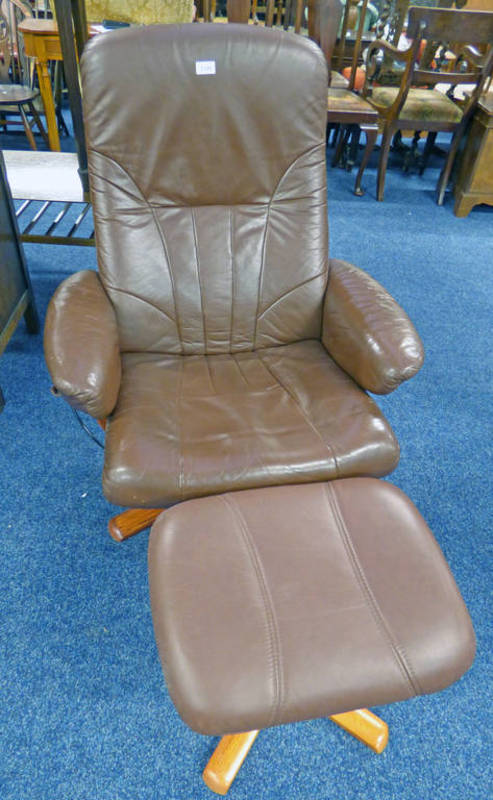 BROWN LEATHER RECLINING SWIVEL ARMCHAIR & MATCHING STOOL