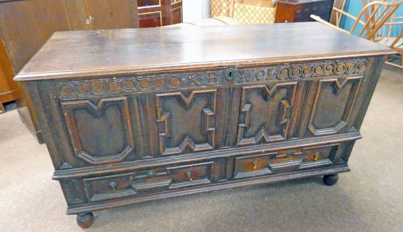 19TH CENTURY CARVED OAK COFFER WITH LIFT-TOP & 2 DRAWERS TO BASE ON BALL FEET,