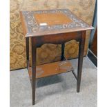 MAHOGANY LAMP TABLE WITH DECORATIVE POKER WORK TOP ON SQUARE SUPPORTS