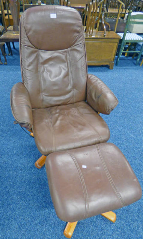 BROWN LEATHER RECLINING SWIVEL ARMCHAIR & MATCHING STOOL