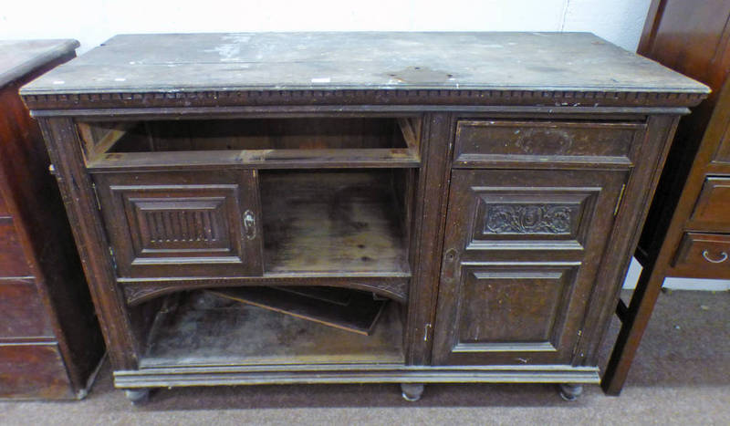 LATE 19TH CENTURY OAK SIDEBOARD WITH 2 PANEL DOORS ON BUN FEET - AS FOUND