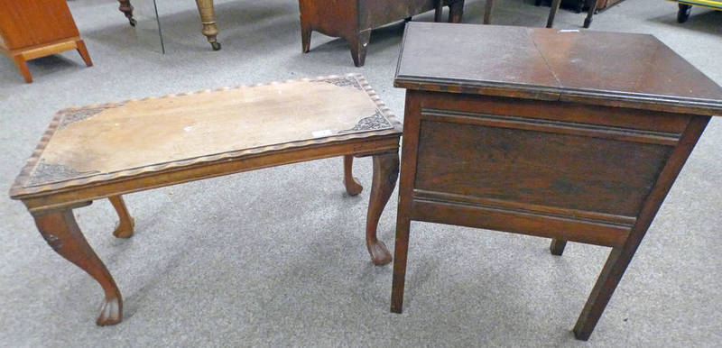 EARLY 20TH CENTURY OAK SEWING BOX ON SQUARE SUPPORTS & CARVED MAHOGANY TABLE ON BALL & CLAW