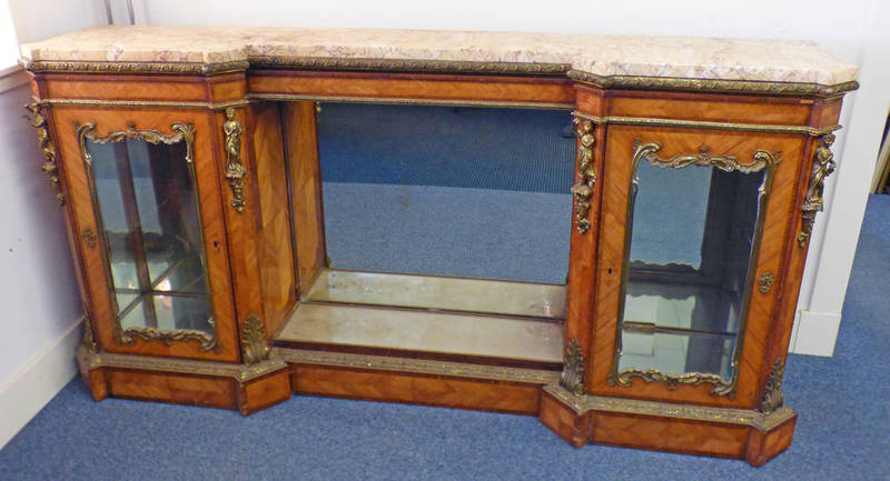 VICTORIAN WALNUT AND KINGWOOD BREAKFRONT CREDENZA WITH DECORATIVE GILT METAL ORMOLU MOUNTS AND