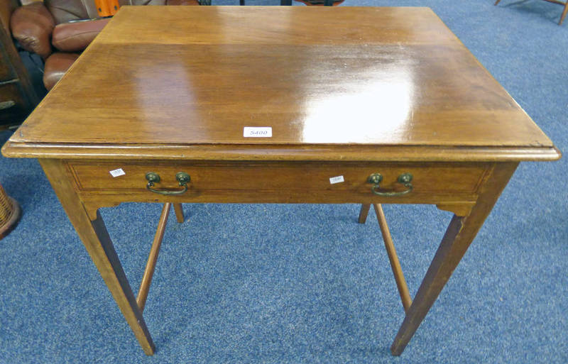 LATE 19TH CENTURY INLAID MAHOGANY CENTRE TABLE WITH SINGLE DRAWER ON SQUARE TAPERED SUPPORTS,