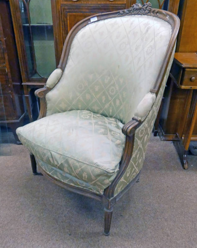 19TH CENTURY CARVED BEECHWOOD FRAMED FRENCH ARMCHAIR ON REEDED SUPPORTS