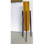 20TH CENTURY ROCKET LAMP WITH SPUN FIBREGLASS SHADE ON TAPERED TEAK SUPPORTS,