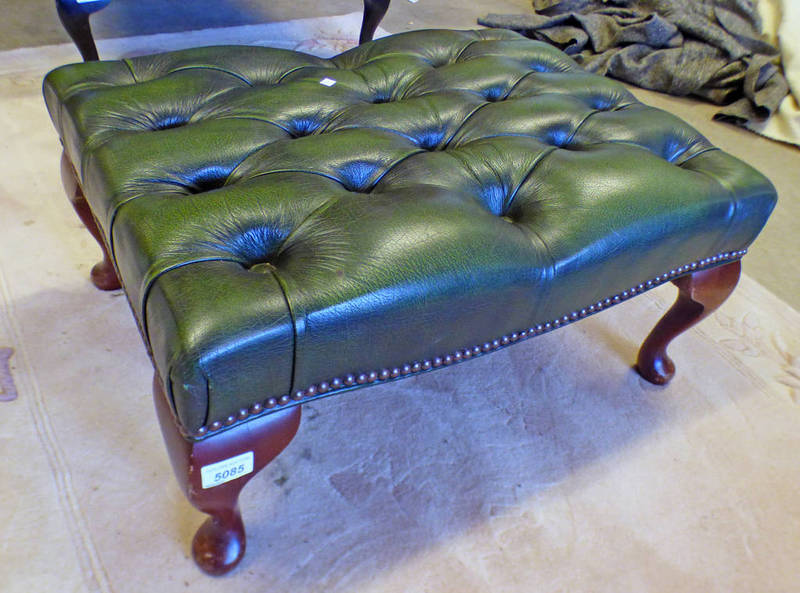 GREEN LEATHER BUTTON TOPPED STOOL ON MAHOGANY QUEEN ANNE SUPPORTS Condition Report: