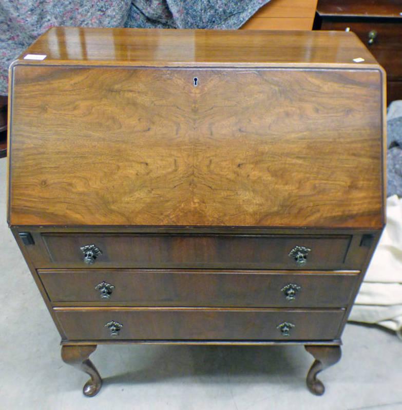 WALNUT BUREAU WITH FALL FRONT OVER 3 DRAWERS ON QUEEN ANNE SUPPORTS Condition Report: