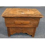 EASTERN HARDWOOD SEWING BOX WITH LIFT-TOP, SINGLE DRAWER & DECORATIVE ORIENTAL CARVING,