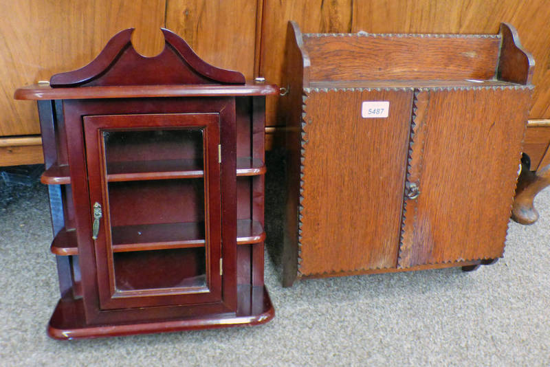 LATE 19TH CENTURY OAK WALL CABINET & MAHOGANY DISPLAY CABINET WITH GLAZED PANEL DOOR