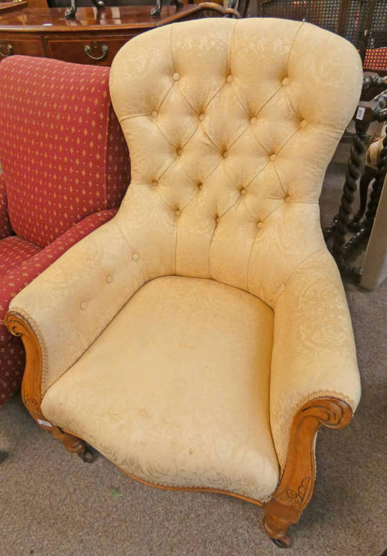 19TH CENTURY WALNUT FRAMED BUTTON BACK GENTLEMAN'S ARMCHAIR ON TURNED SUPPORTS