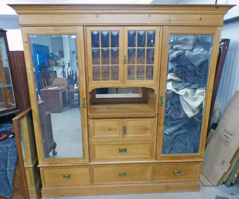 LATE 19TH / EARLY 20TH CENTURY PINE WARDROBE WITH CENTRALLY SET GLAZED PANEL DOORS,