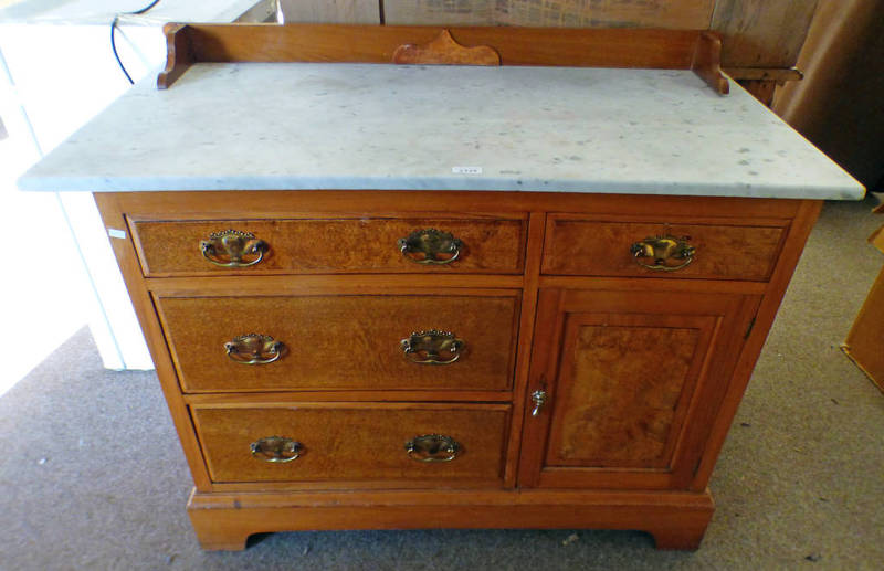 LATE 19TH CENTURY STYLE MARBLE TOPPED WALNUT WASH STAND WITH 4 DRAWERS & PANEL DOOR,