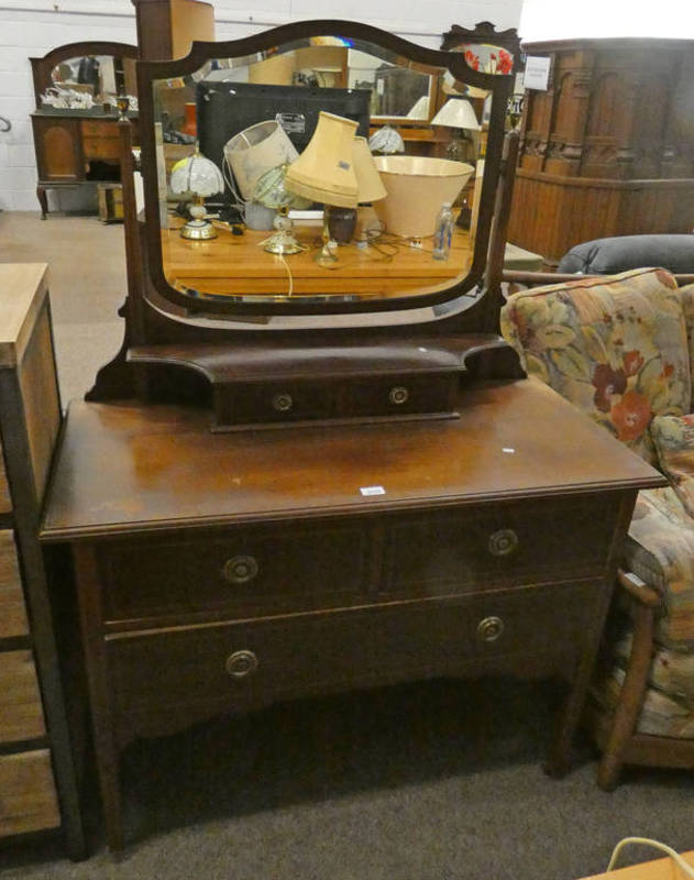 LATE 19TH CENTURY INLAID MAHOGANY DRESSING TABLE WITH MIRROR & 2 FRIEZE DRAWERS OVER BASE OF 2