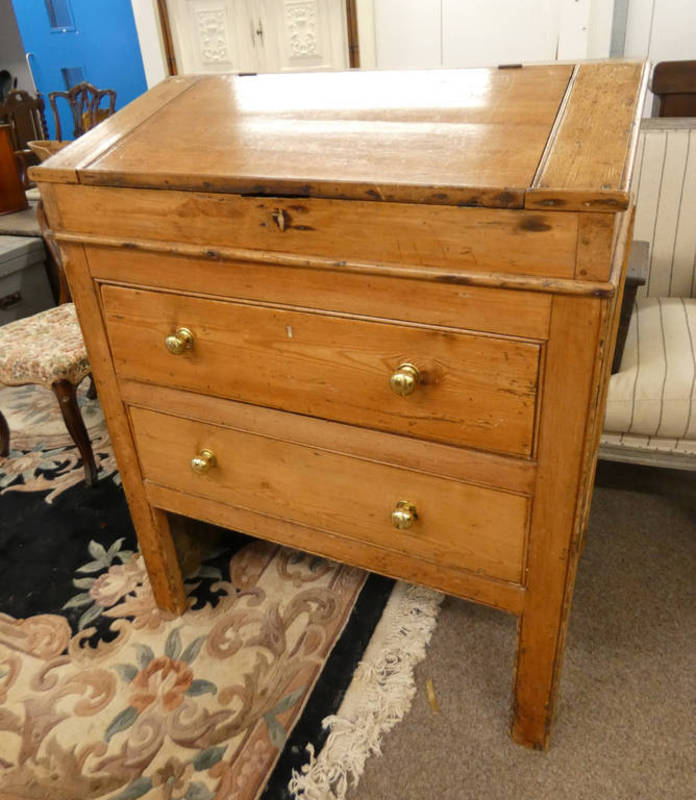 19TH CENTURY PINE DESK WITH LIFT-TOP OVER 2 DRAWERS ON SQUARE SUPPORTS 115CM TALL X 94CM WIDE