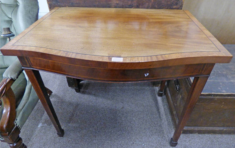 LATE 19TH CENTURY INLAID MAHOGANY SIDE TABLE WITH SHAPED FRONT ON SQUARE TAPERED SUPPORTS,
