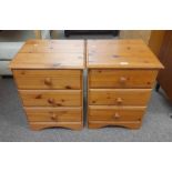 PAIR OF PINE 3-DRAWER BEDSIDE CHESTS Condition Report: The items have some staining