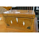 LATE 19TH CENTURY MAHOGANY TEA CADDY WITH DECORATIVE MARQUETRY & IVORETTE INLAY,