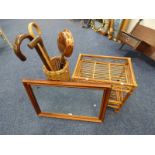 BEVELLED EDGE MAHOGANY FRAMED MIRROR, WICKER STICK STAND WITH VARIOUS WALKING STICKS ETC.