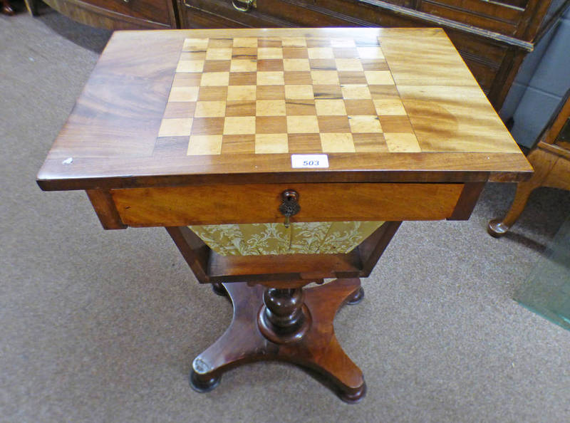 19TH CENTURY MAHOGANY PEDESTAL GAMES TABLE WITH SINGLE DRAWER,