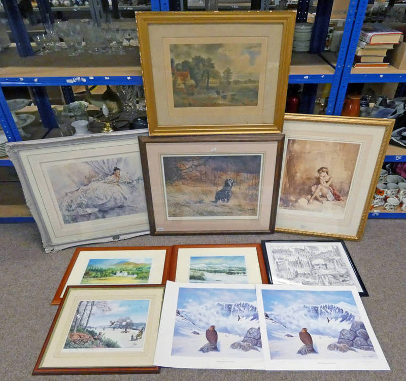 10 VARIOUS SIGNED PRINTS OF RURAL SCENES, DOGS, GORDON KING SEATED LADY, ETC,