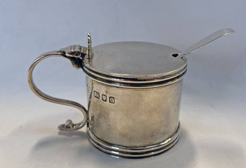 SILVER DRUM MUSTARD POT WITH BLUE GLASS LINER RETAILED BY HARRODS,