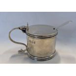 SILVER DRUM MUSTARD POT WITH BLUE GLASS LINER RETAILED BY HARRODS,