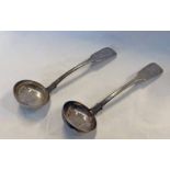 PAIR OF VICTORIAN SILVER FIDDLE PATTERN TODDY LADLES BY J & W MARSHALL,