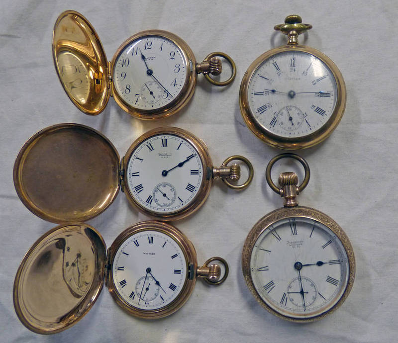 3 GOLD PLATED HUNTER POCKET WATCHES AND 2 GOLD PLATED OPENFACED WALTHAM POCKET WATCHES
