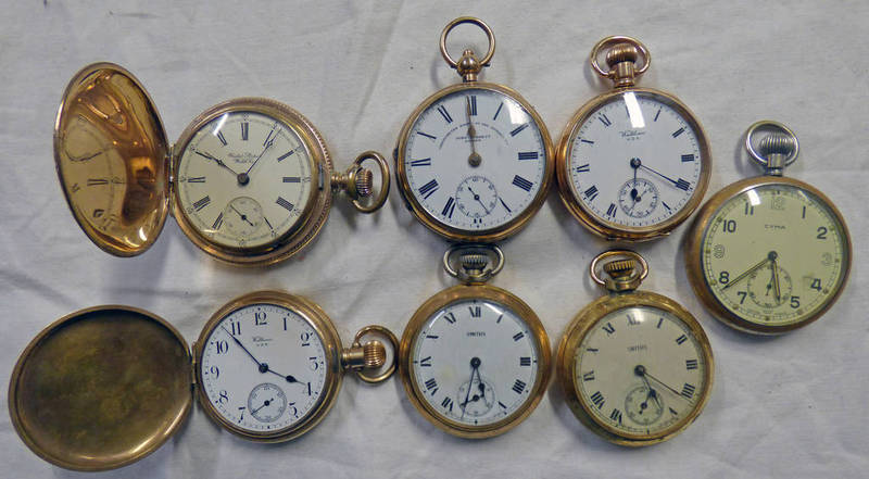 2 HUNTER AND 5 OPENFACED GOLD PLATED POCKET WATCHES INCLUDING SMITHS,