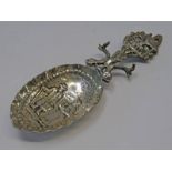 EDWARDIAN SILVER DUTCH STYLE CADDY SPOON WITH EMBOSSED BOWL & DECORATIVE HANDLE BY MAURICE FREEMAN,