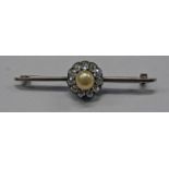 LATE 19TH CENTURY PEARL & DIAMOND CLUSTER BAR BROOCH, THE CENTRAL PEARL APPROX 6.