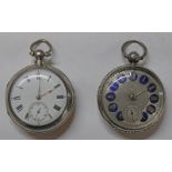 SILVER OPEN FACED POCKET WATCH WITH BLUE ENAMEL DECORATED SILVER DIAL BY HAM OF SKINNER STREET,