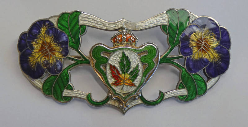 ART NOUVEAU STERLING SILVER & ENAMEL CANADIAN SUFFRAGETTE BROOCH WITH VIOLETS,