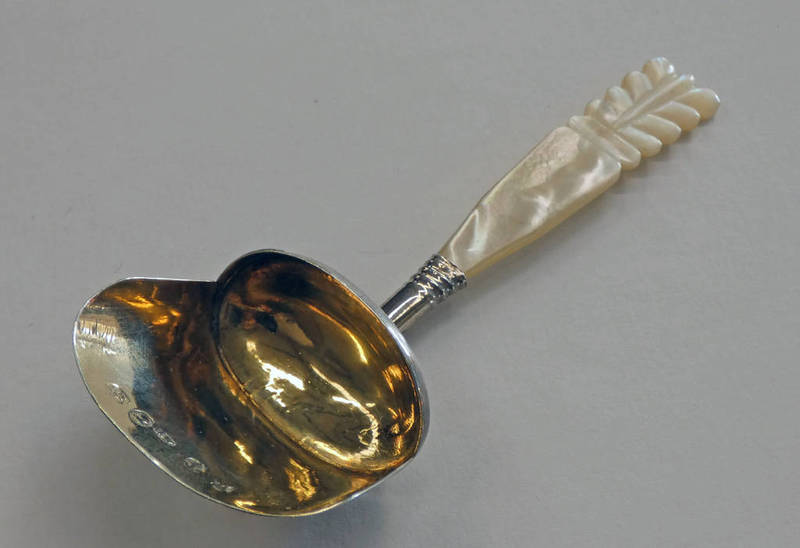 GEORGE IV SILVER CADDY SPOON WITH GILT BOWL AND MOTHER OF PEARL HANDLE BY JOSEPH WILLMORE,