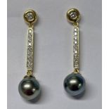 PAIR OF DIAMOND & BLACK PEARL EARDROPS - 4.